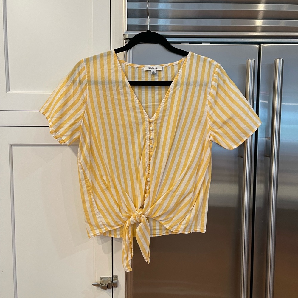 Madewell Yellow and White Tie Blouse Size Small